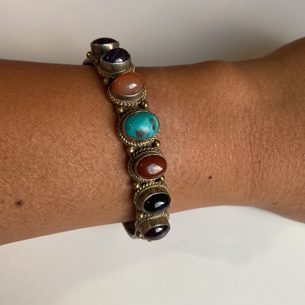 Copper brass steel mix metal natural stone cuff bracelet - Picture 5 of 6